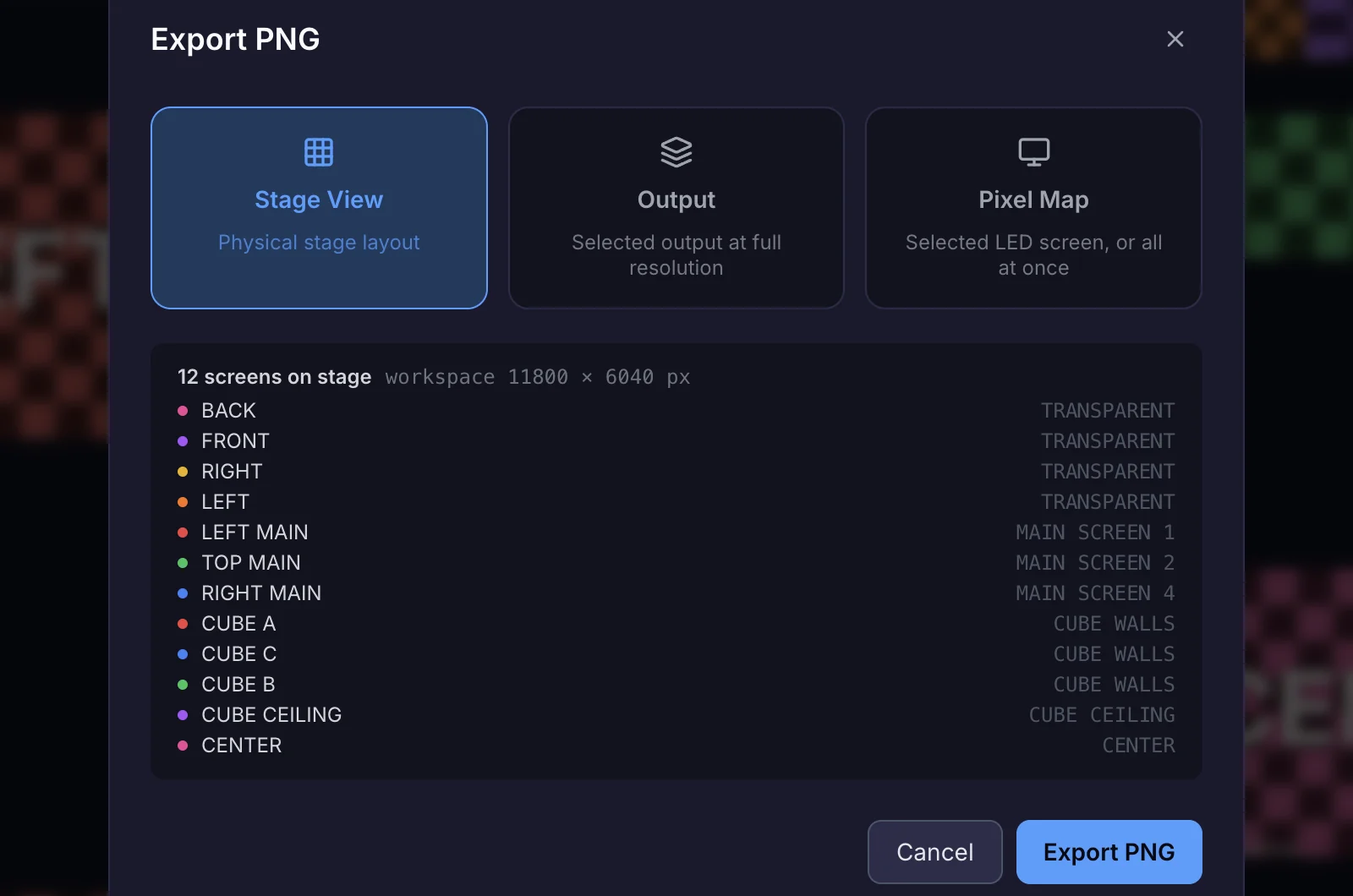 Okno eksportu PNG w aplikacji: trzy tryby — Stage View, Output i Pixel Map.